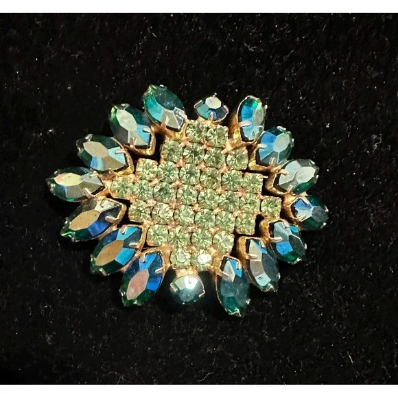 Vintage Rhinestone Brooch Peacock Blue & Peridot Green - Picture 4 of 4